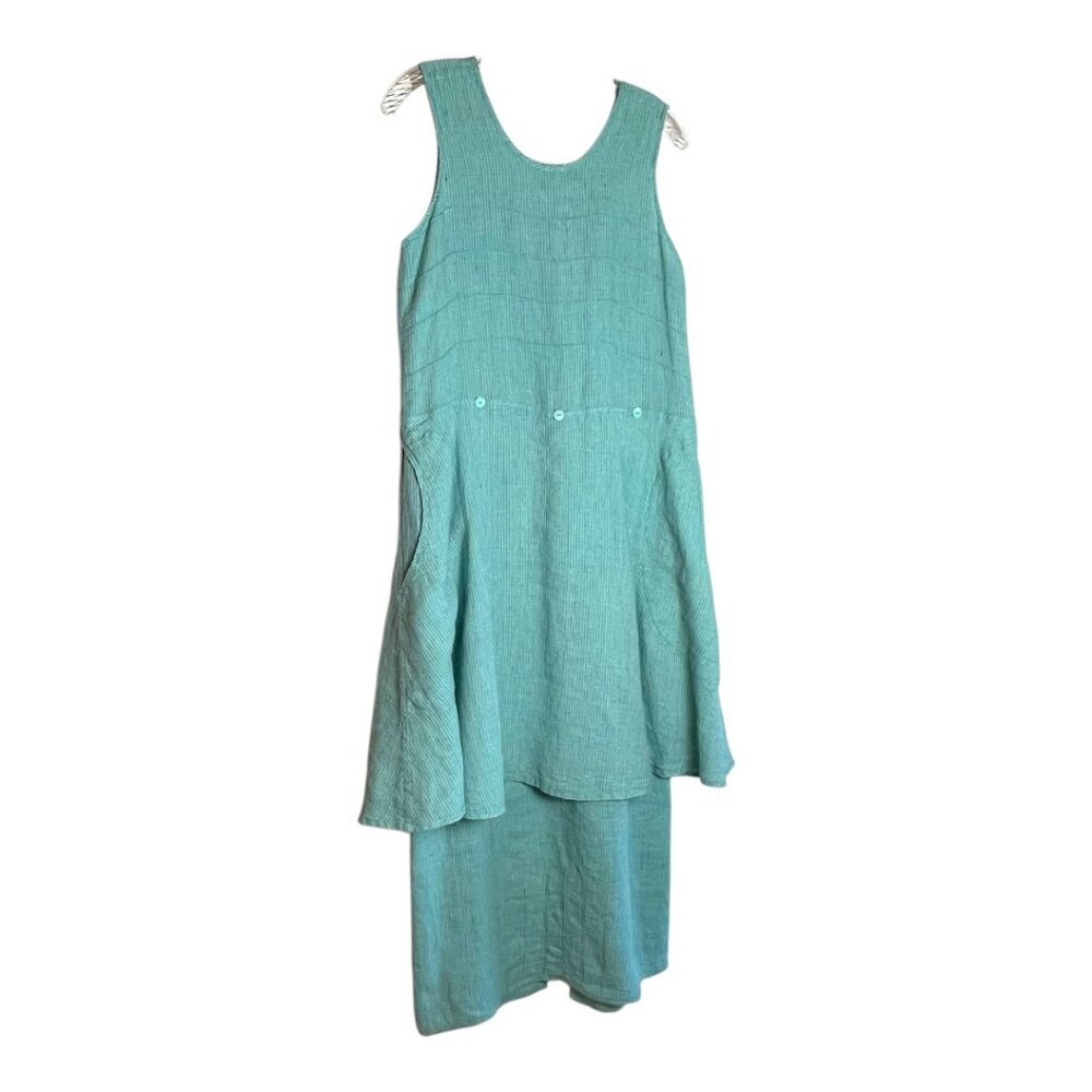 Flax Teal linen fabric with tiny purple stripes, sleeveless, long/short dress. P